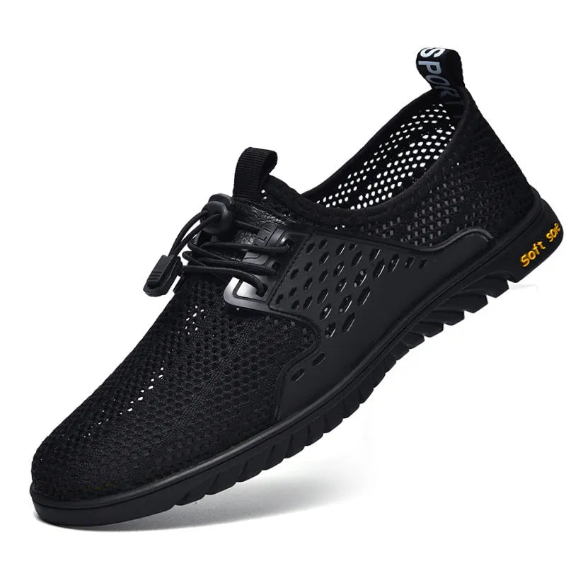 Men's breathable mesh casual shoes in sand colour with elastic band and rubber sole.