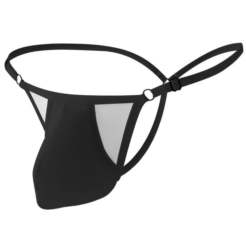 Men's black ice silk T-back panties with thin straps and a geometric pattern laid flat.