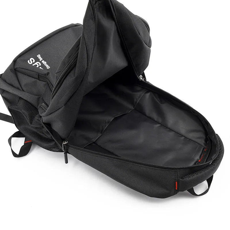 Large black nylon backpack showing multiple compartments and breathable shoulder straps