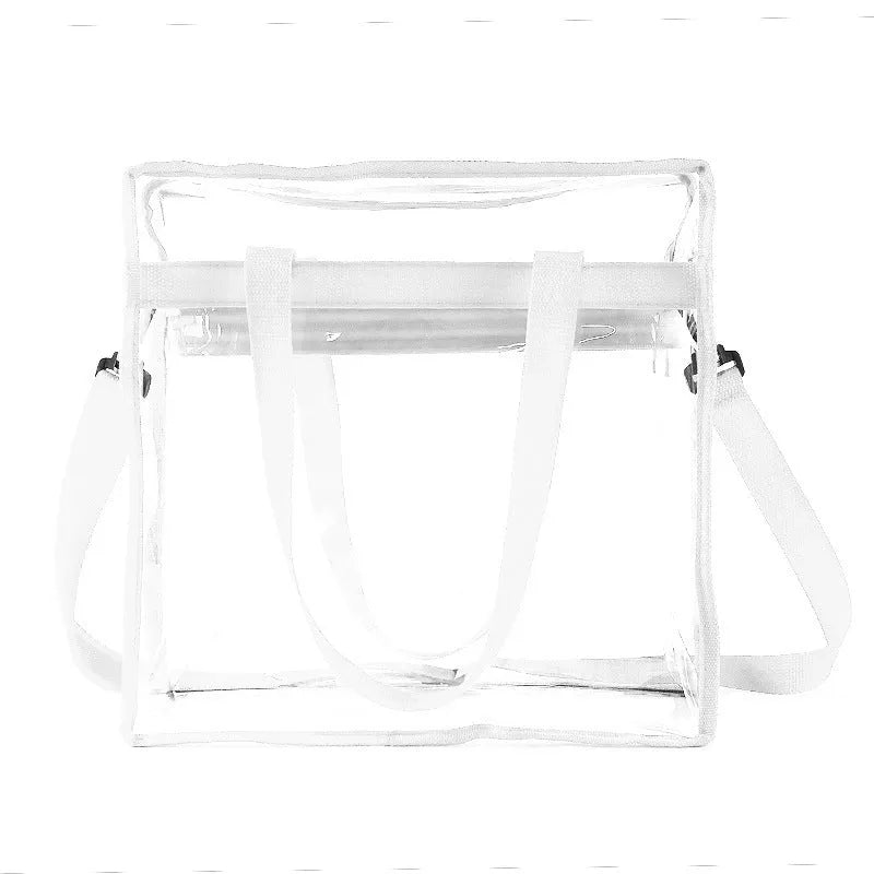Women's transparent PVC messenger bag with crossbody strap and three-dimensional front pocket.