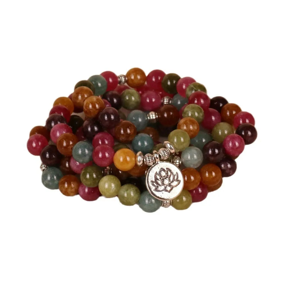 Tourmaline colour alloy bracelet with 108 beads in multi-layer hanging design featuring lotus pattern