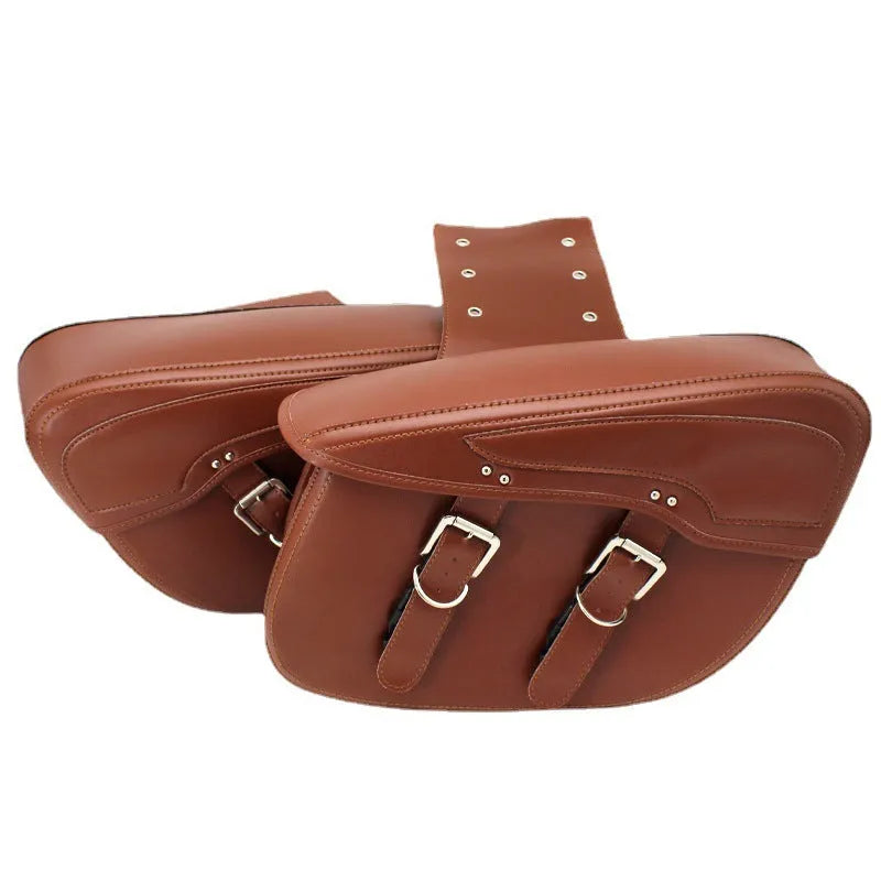 Retro style black PU leather motorcycle saddlebag side box mounted on a bike frame.