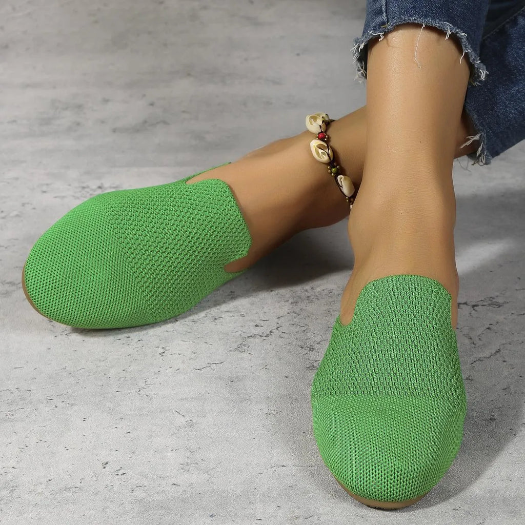 Apricot, blue, and green cloth mesh slip-on sandals with flat rubber soles
