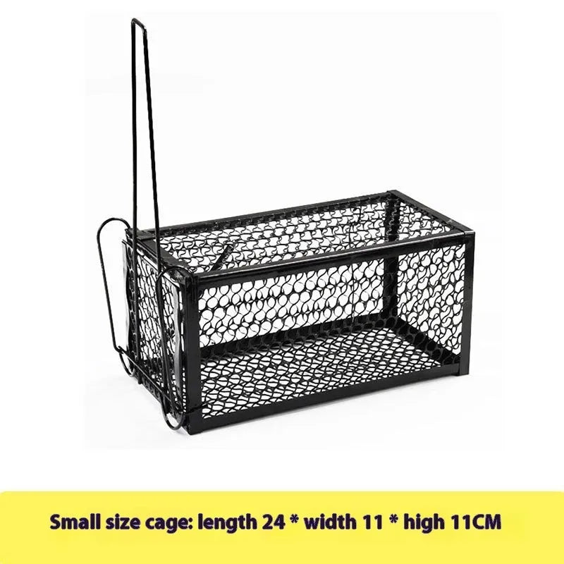 Automatic metal and plastic mouse cage trap shown in small, medium, and large sizes for indoor rodent control.