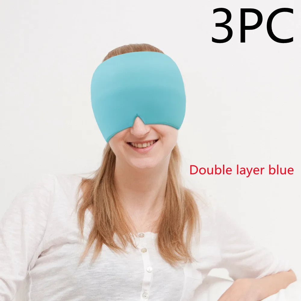 Cold therapy gel eye mask for headache relief in black colour on forehead