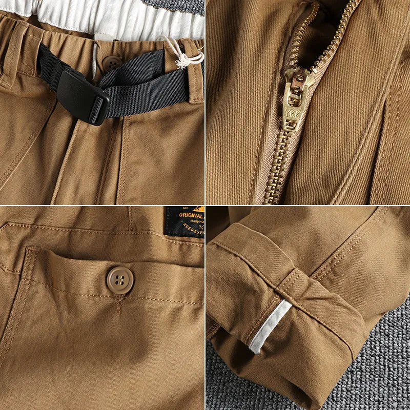 Cotton work trousers in khaki colour with mid waist design and zip fly closure
