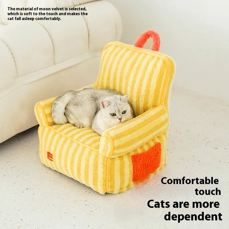 Striped soft velvet dog bed with removable cover in orange, purple, and yellow colour options