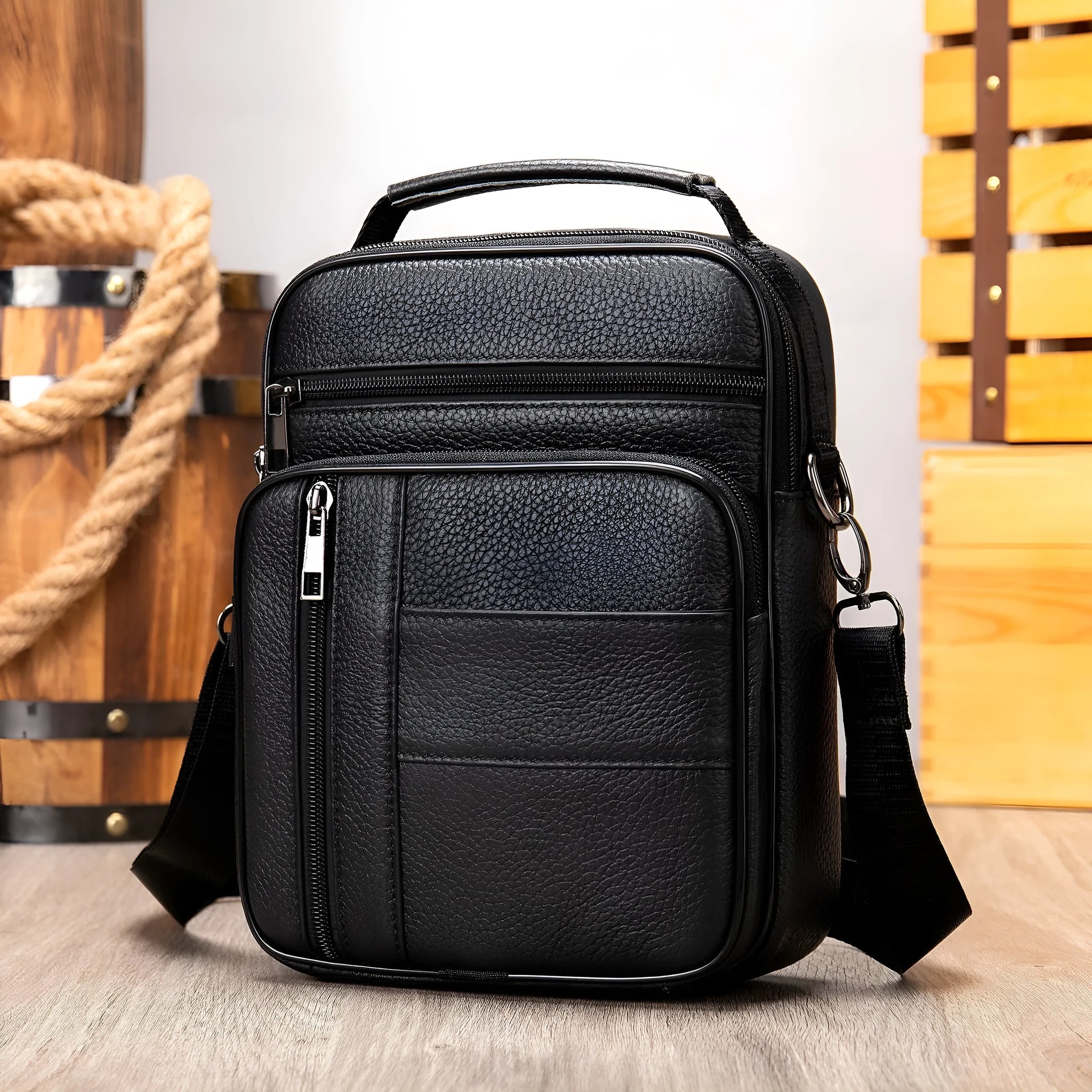 Vintage style genuine leather men's shoulder bag in vertical square shape showing internal organiser pockets