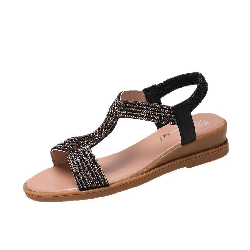 Gold women's PU patent leather beach sandals with rhinestones and a round toe.