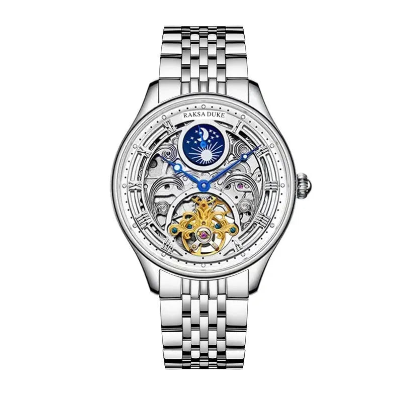 Men's waterproof business watch with steel strap showing 16mm thickness stainless steel case