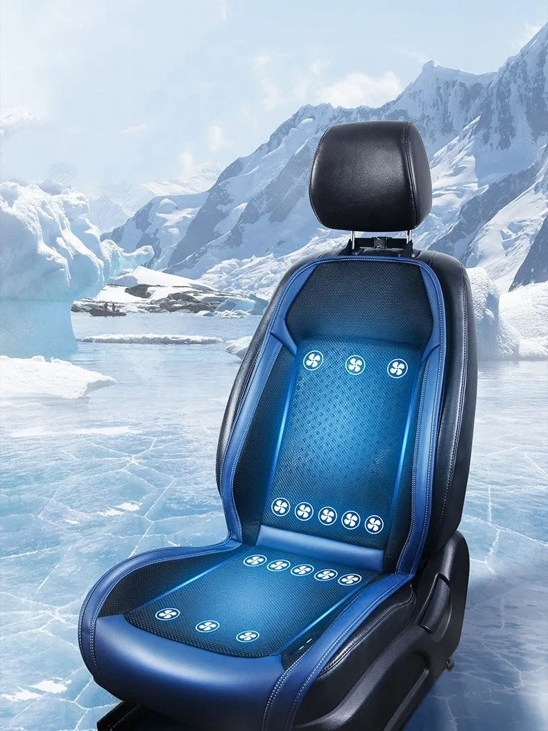 Black car seat cooling pad with USB cable connected to 12V vehicle outlet