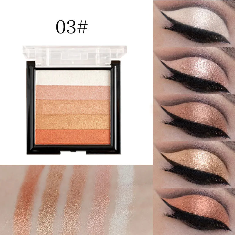 Highlight and contour eye shadow palette with six colour options for universal skin types.