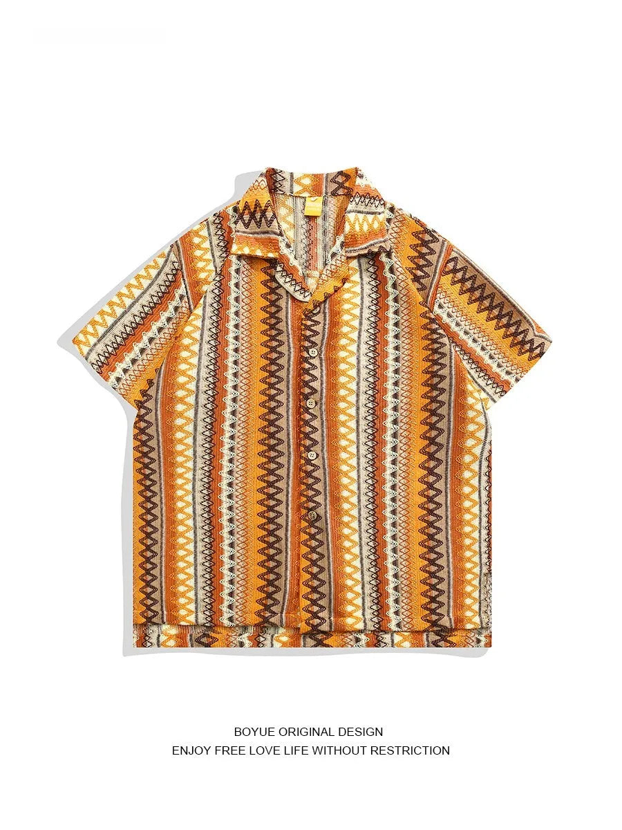 Ethnic style woven Cuban collar shirt with colour contrast and drop-shoulder sleeves