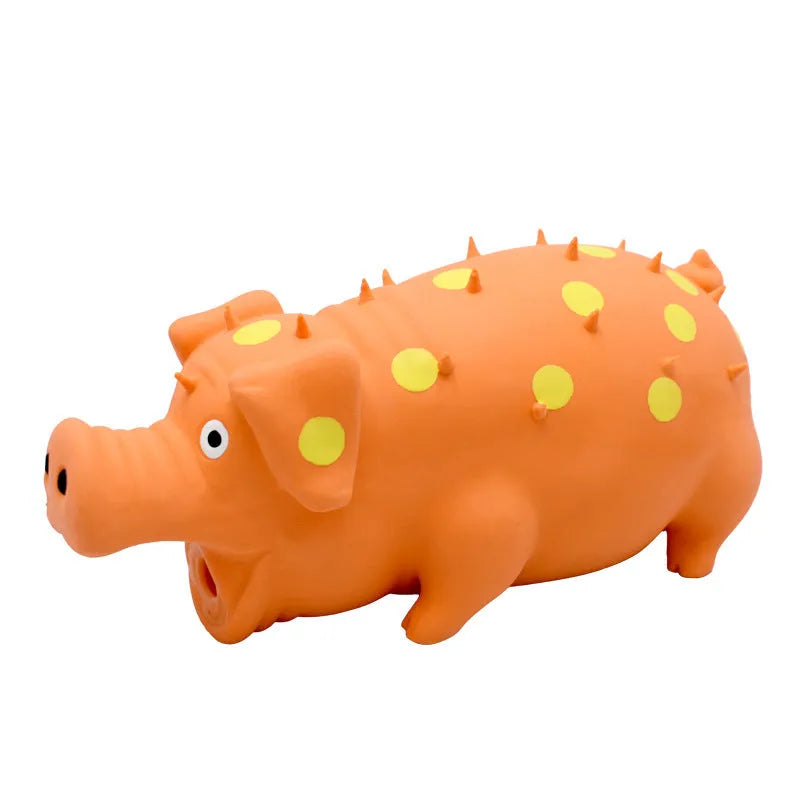 Blue latex pig-shaped dog chew toy with textured surface and squeaker