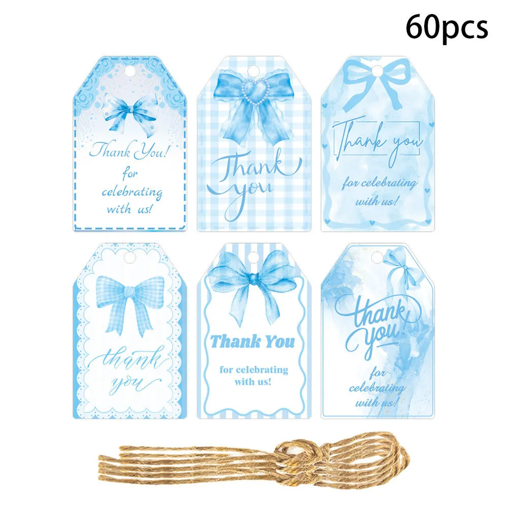 60-piece set of creative bowknot paper gift label tags with natural hemp rope for birthday parties
