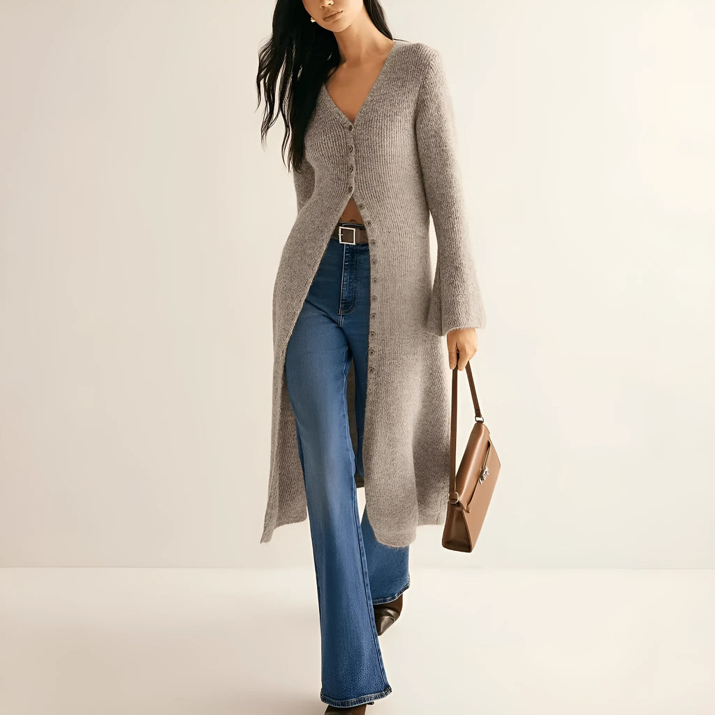 Khaki coloured French style retro long sleeve cardigan coat with button front closure.