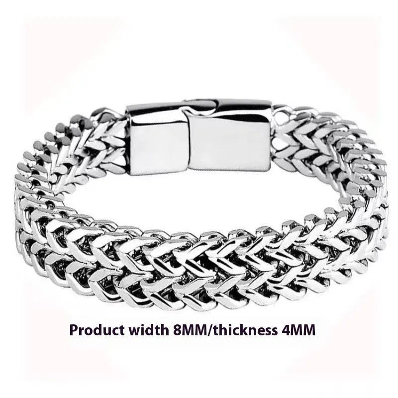 Silver geometric men's titanium steel bracelet shown in 4x8mm and 5x10mm styles.