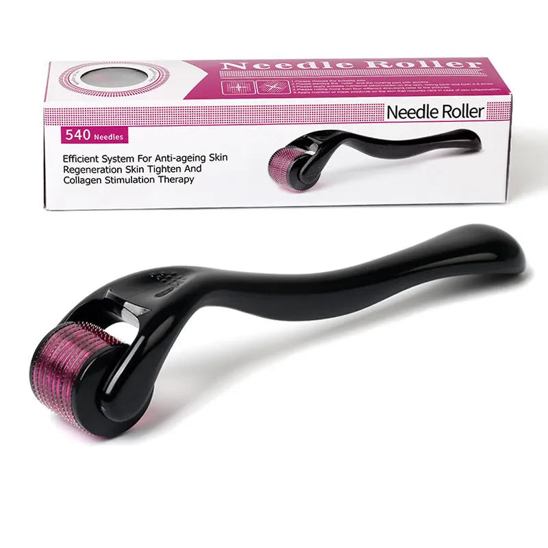 Black and purple derma rollers with titanium microneedles, showing different needle sizes from 0.2mm to 1.0mm