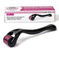 Black and purple derma rollers with titanium microneedles, showing different needle sizes from 0.2mm to 1.0mm