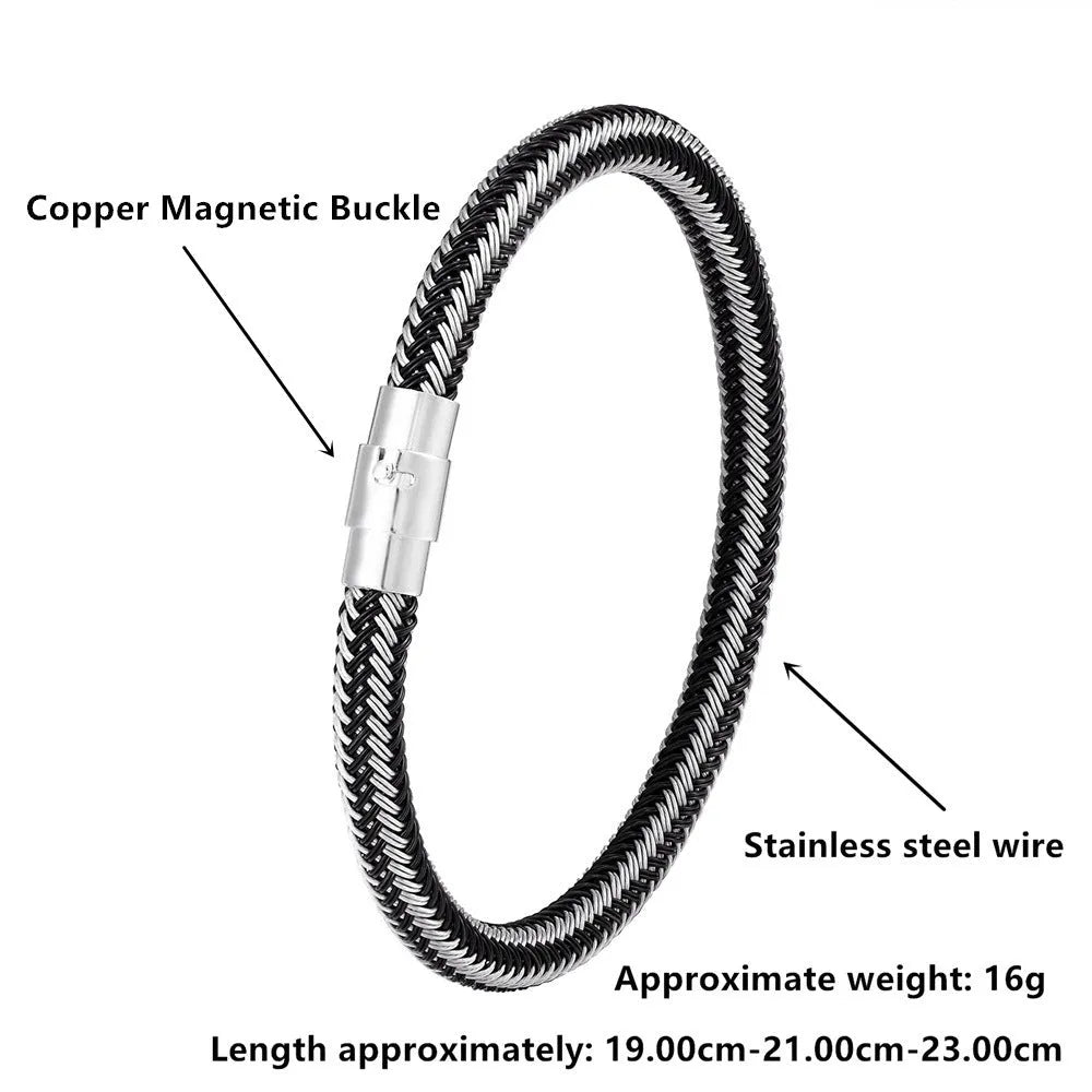 Titanium steel geometric wire bracelet with magnetic clasp shown in silver tone