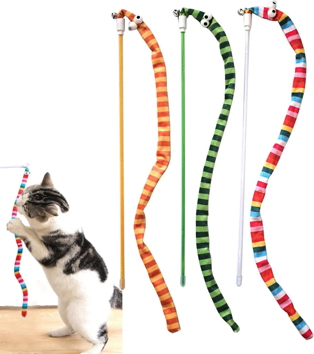 Colourful cat teaser wand toy with a long plush strip and bell on a polycarbonate handle.