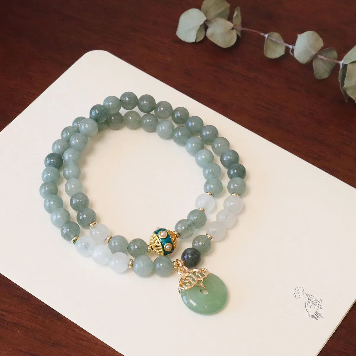 Women's safety buckle bracelet with Myanmar jade stones and geometric lucky bead design