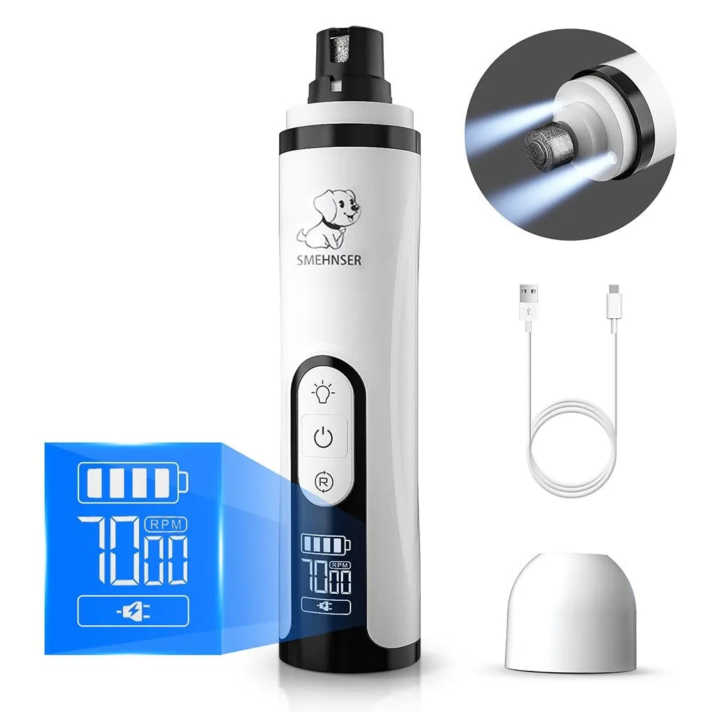Automatic electric dog nail trimmer with LCD screen, LED lights, and dust collection chamber.