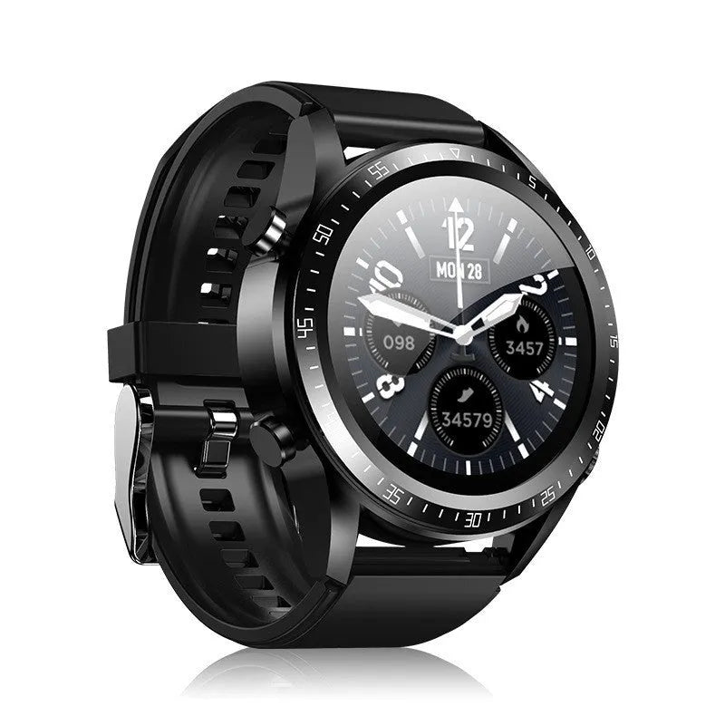 Black smartwatch with silicone strap displaying blood pressure and oxygen stats on its circular screen.