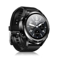 Black smartwatch with silicone strap displaying blood pressure and oxygen stats on its circular screen.