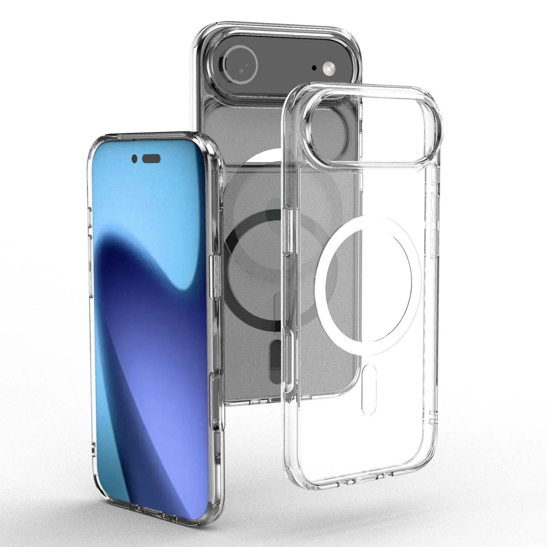 Transparent magnetic phone case for iPhone 17 series showing clear TPU construction and integrated magnets.