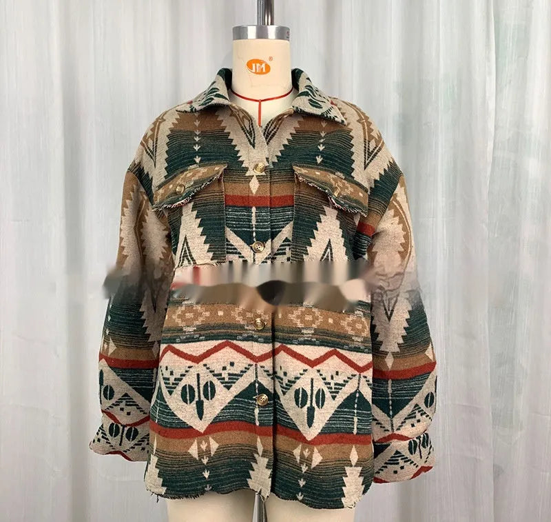 Women's retro Aztec print woolen jacket in loose fit design with long sleeves