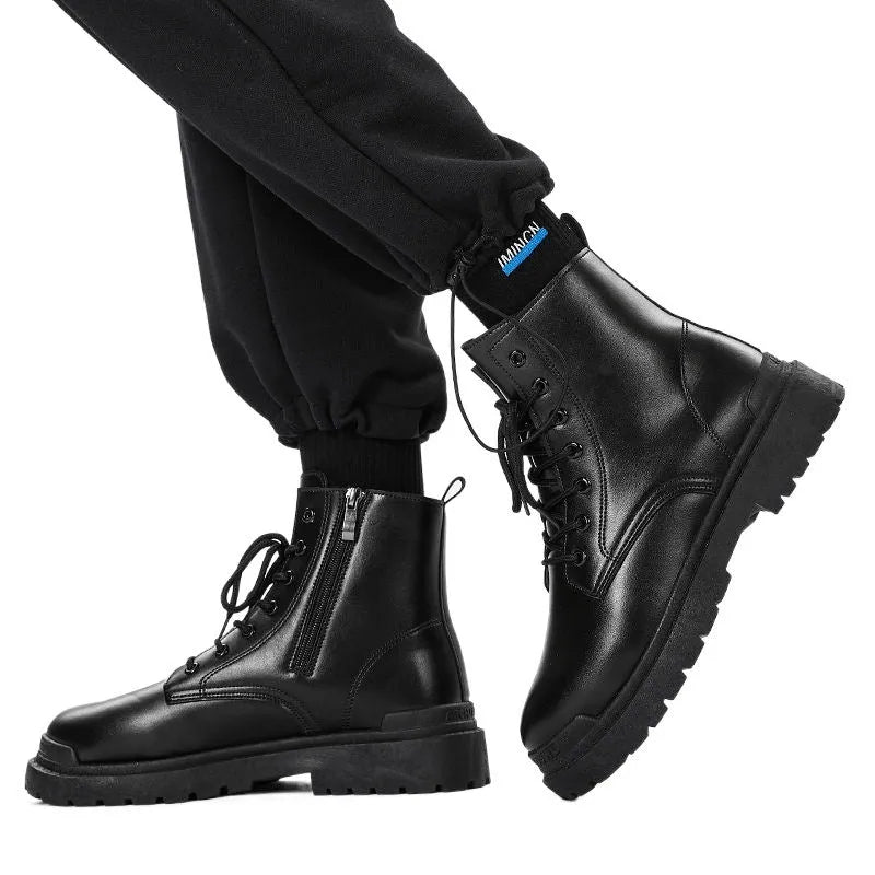 Men's black mid-top waterproof PU leather boots with a flat rubber sole.