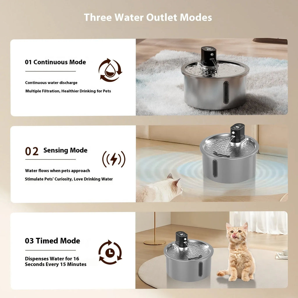 White stainless steel heated water fountain for cats and dogs on a counter
