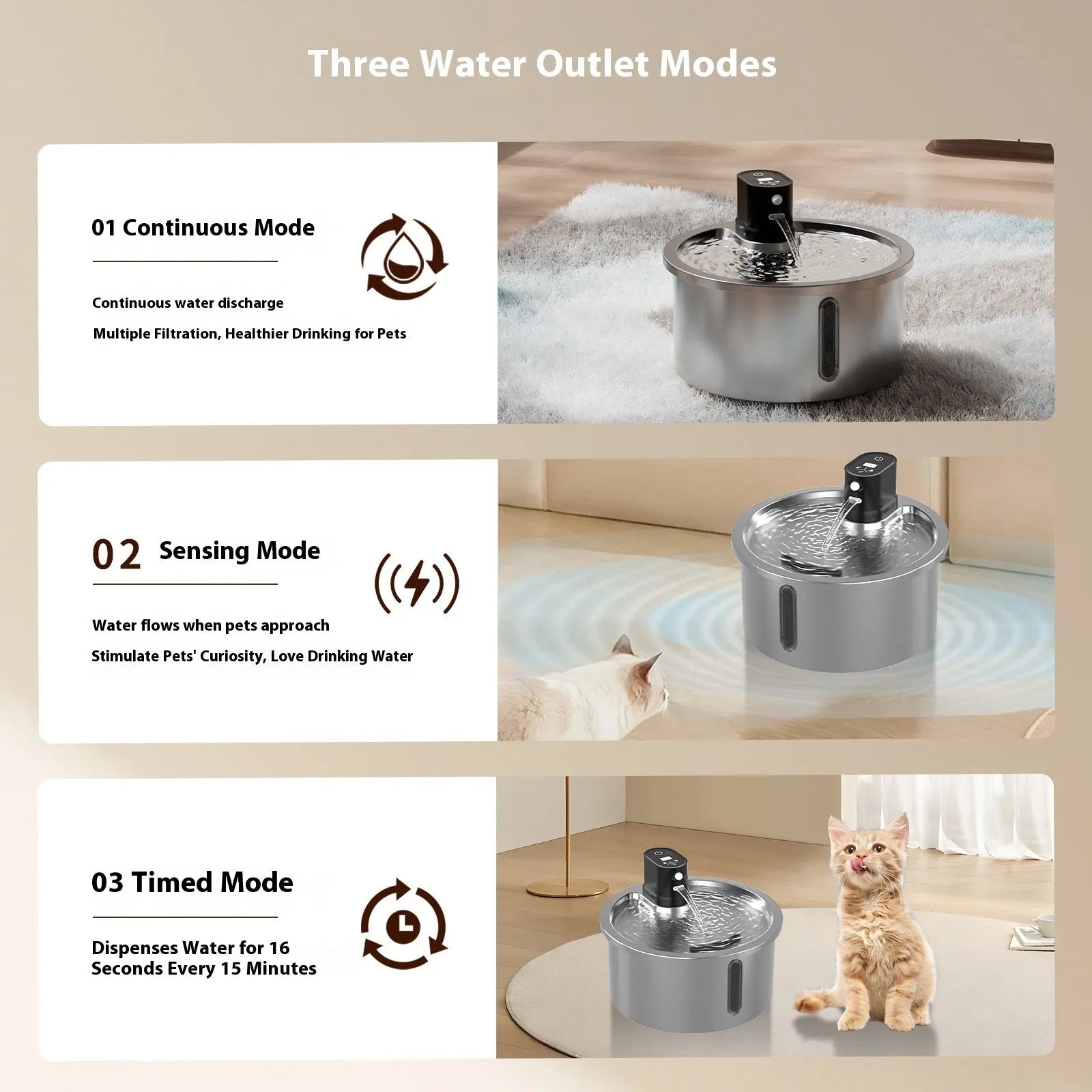 White stainless steel heated water fountain for cats and dogs on a counter