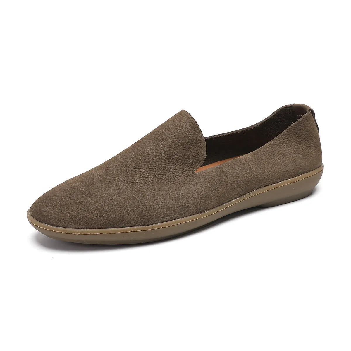 Handmade grey men's low-top leather shoes with a flat wedge rubber sole on a plain background.