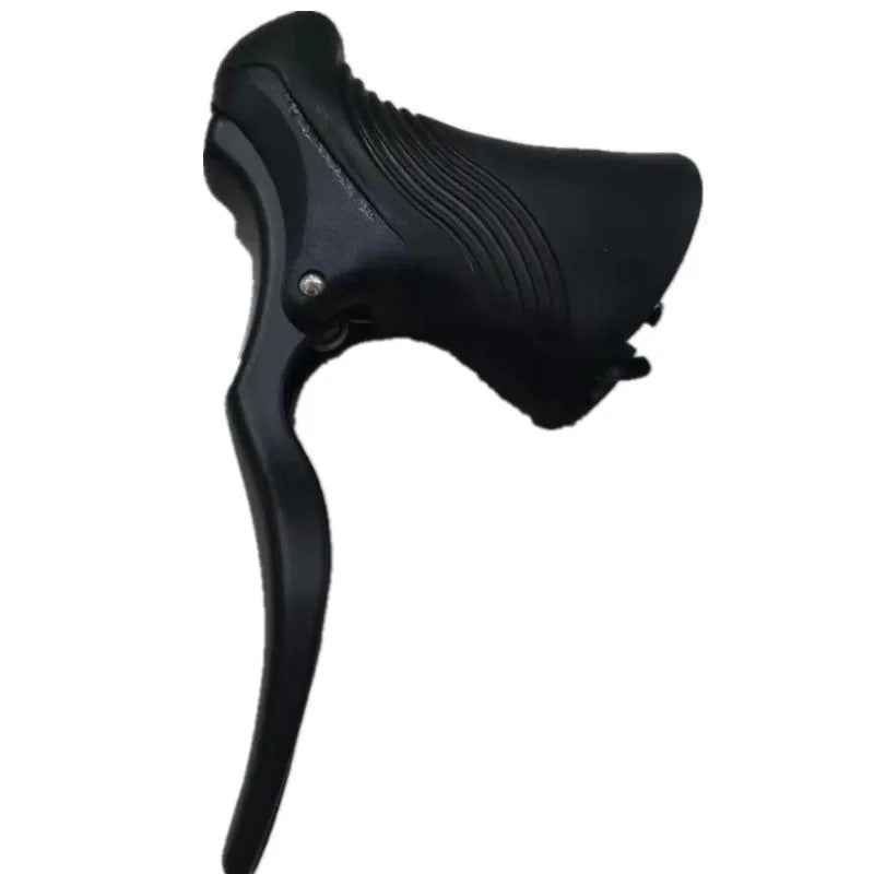 Pair of aluminium alloy road bicycle brake handles in black and black silver finishes.