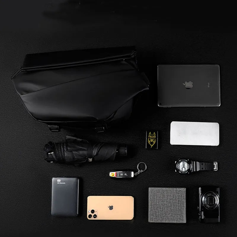 Grey PU leather crossbody bag showing internal phone pocket and document sleeve organisation