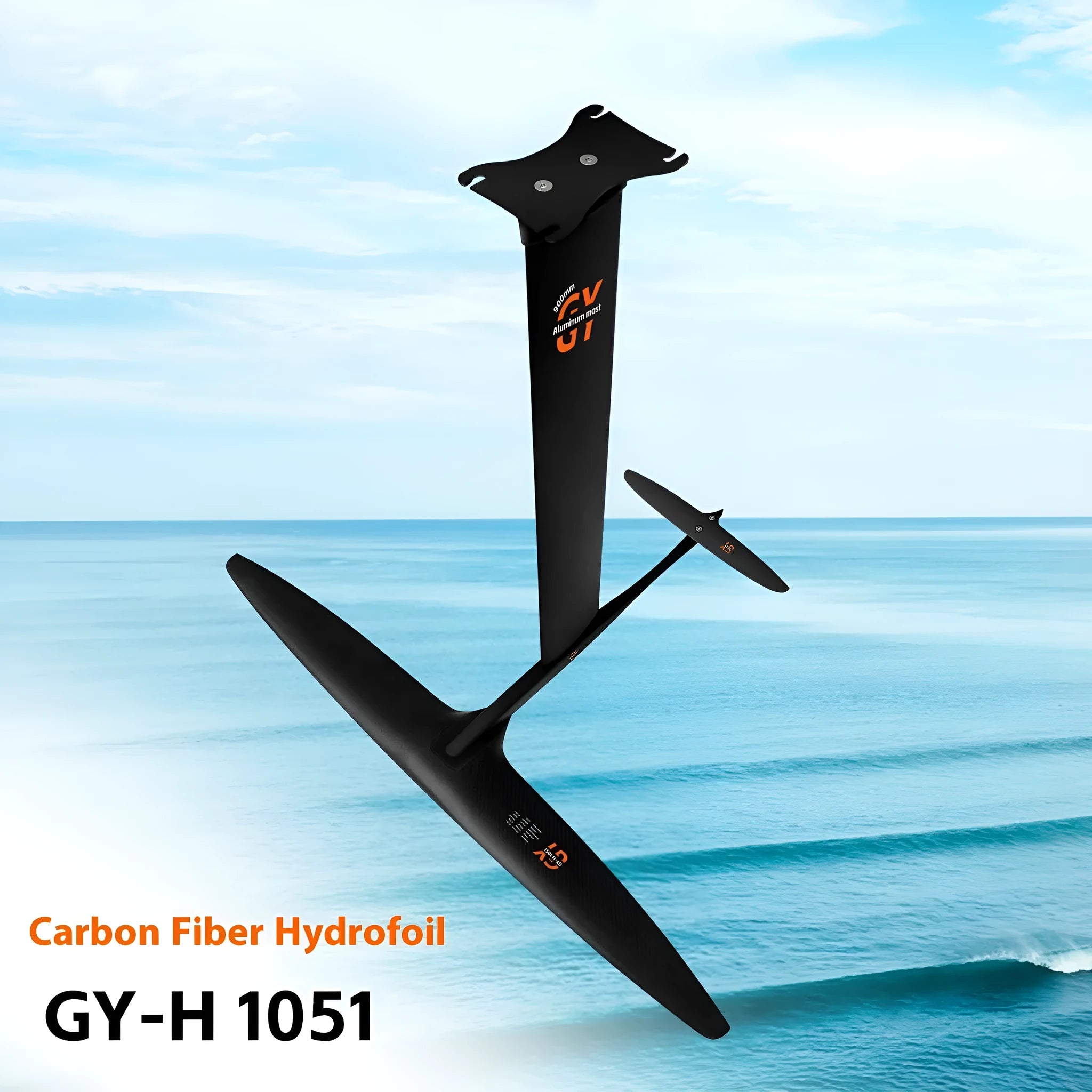 Black carbon fibre and aluminium alloy racing hydrofoil with a large front wing.