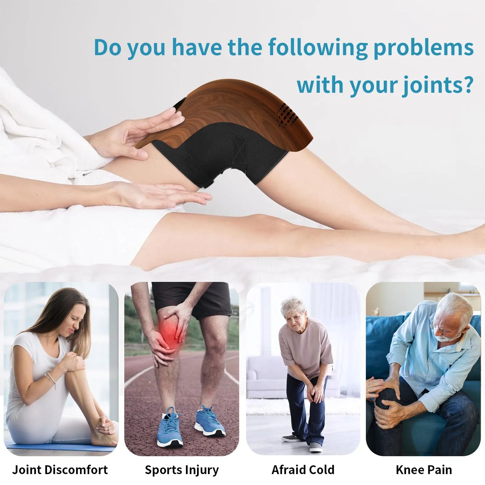 Electric knee massager with heating and vibration functions in white and wood colour options