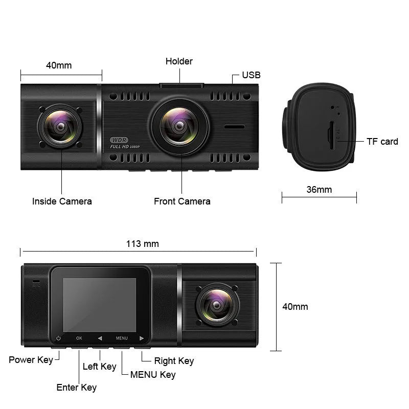 Black dual-channel dashcam car camera with front and rear recording for vehicle security