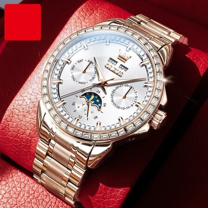 Men's stainless steel automatic watch with diamond dial and transparent case back.