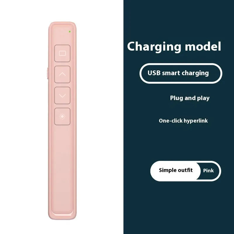 Black, white, and pink wireless presentation remote control pens with a USB receiver on a wooden desk.