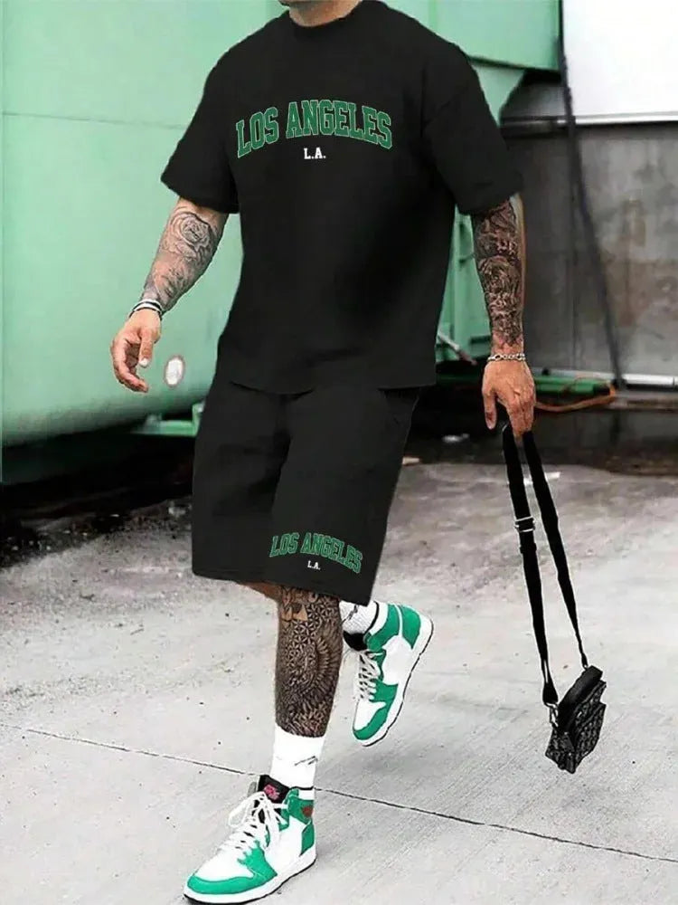 Men's personality letter print suit set with short sleeves and matching shorts