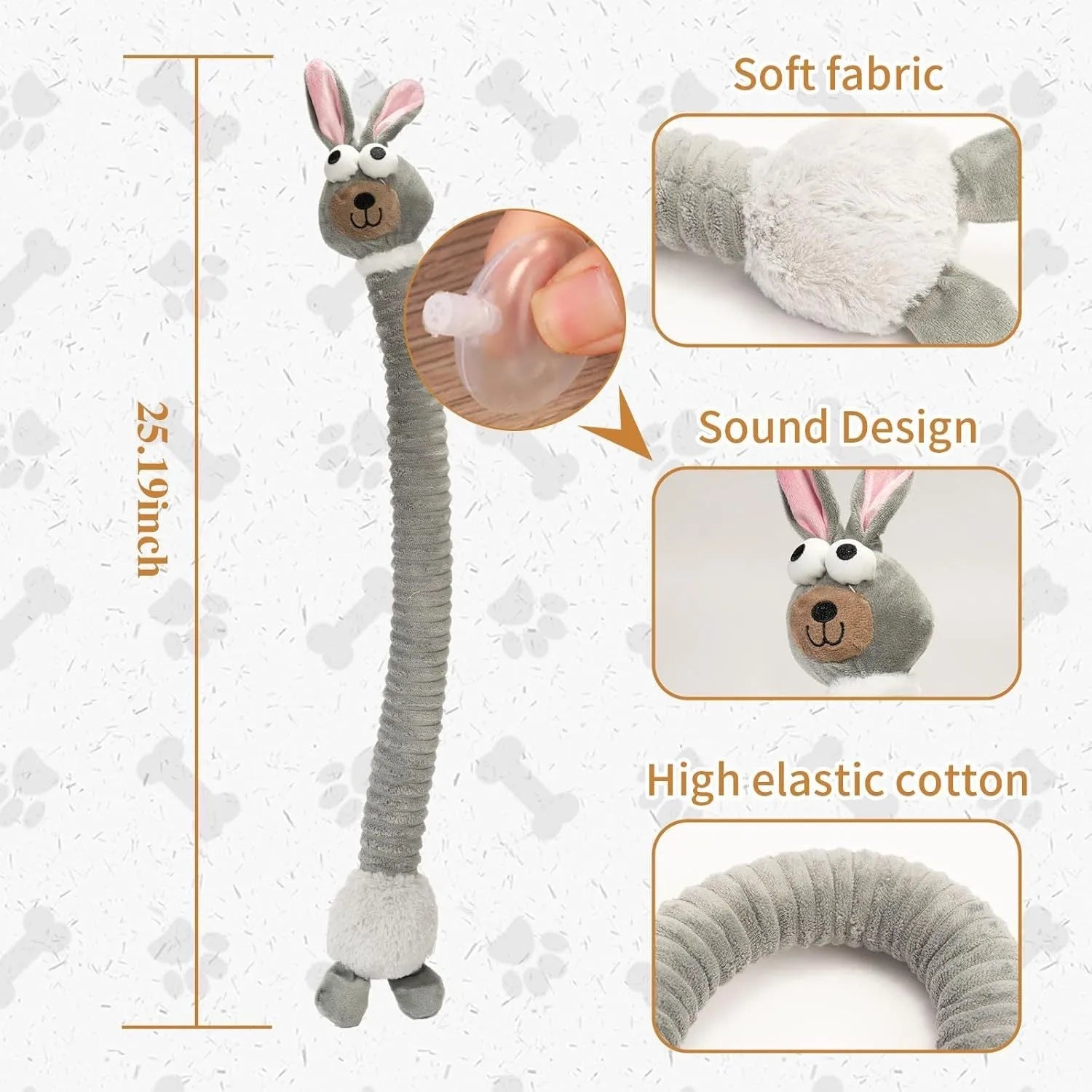 Plush stuffed squeaky crinkle dog toy in brown, gray or yellow colours for small medium large dogs