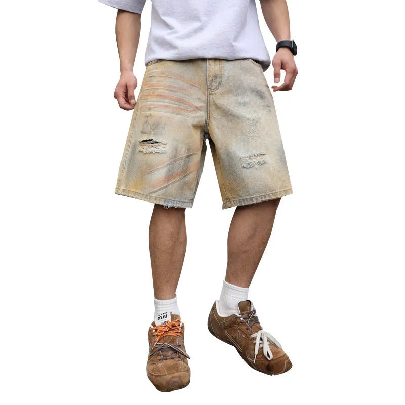 Light blue men's denim shorts with ripped detailing and a straight-leg cut