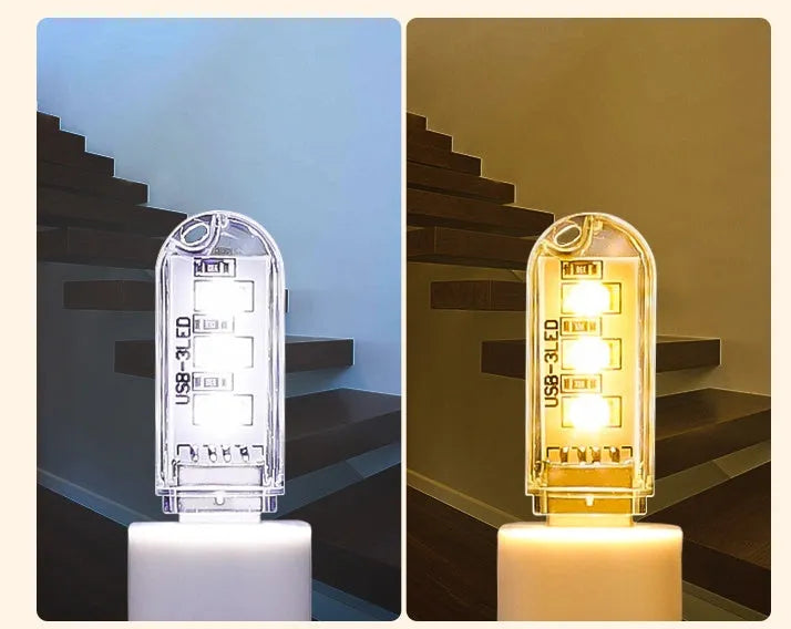 Small white LED baby night light with USB cable showing white and warm light settings