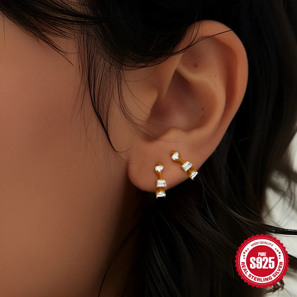 Sterling silver geometric stud earrings with small round diamond accents in gold or silver electroplated finish