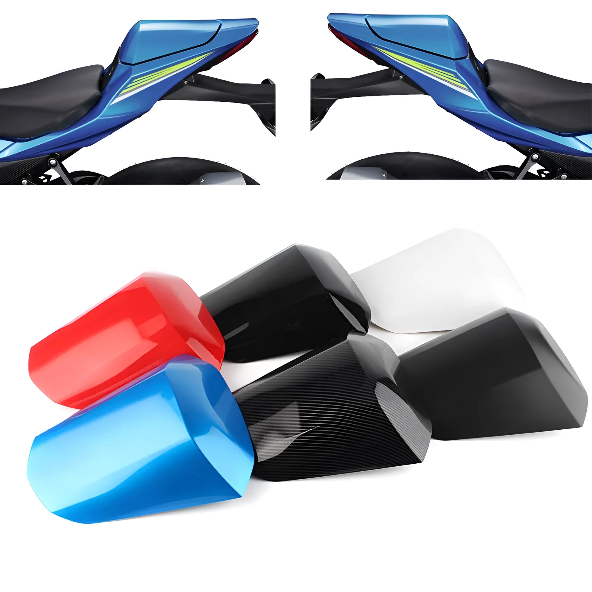 Suzuki GSXR1000 motorcycle rear cowl seat cover in ABS plastic shown in available colours