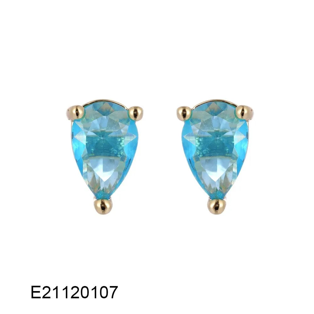 Brass gold-plated pear-shaped drop earrings with cubic zirconia stones and candy colour finish