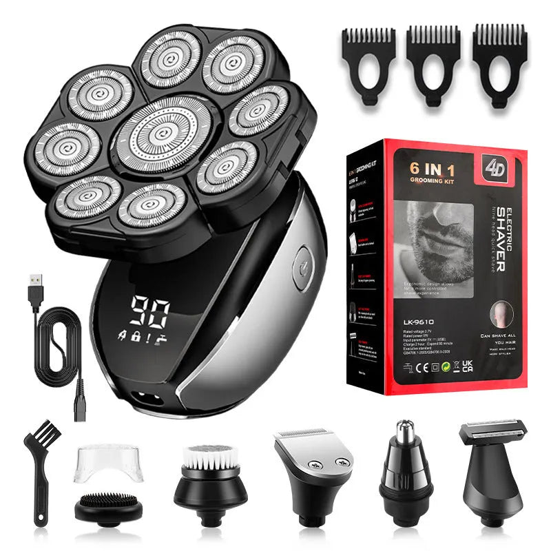 Black rechargeable 6-in-1 hair clipper and shaver kit with attachments displayed.